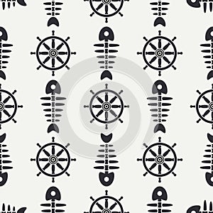 Flat line monochrome vector seamless pattern ocean fish bone, skeleton with steering wheel. Retro cartoon style. Skull