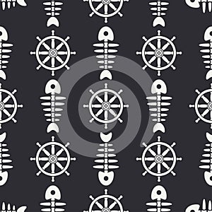 Flat line monochrome vector seamless pattern ocean fish bone, skeleton with steering wheel. Retro cartoon style. Skull