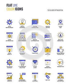 Flat line multicolor icons design-SEO and Web optimization