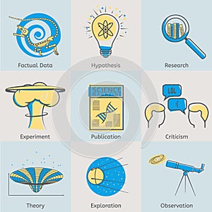 Flat line science icons set of factual data