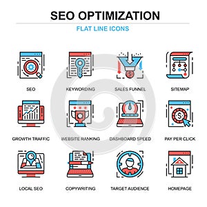 Flat line seo optimization icons concepts set for website and mobile site and apps.