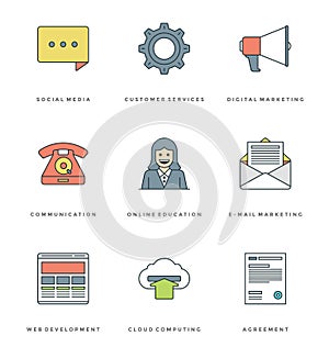 Flat line simple icons set. Thin linear stroke