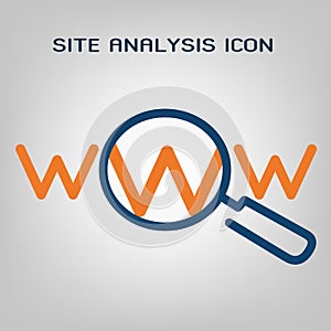 Flat line site analysis icon. SEO (search engine optimization) scan. Laconic blue and orange lines on gray background. Isolated