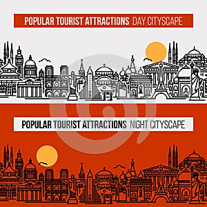 Flat line style illustration of cityscape with world`s most popular tourist locations. Modern vector seamless background