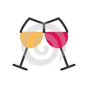 Flat line two red white wine glasses icon