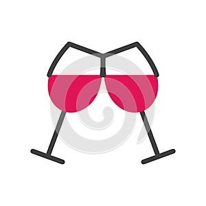 Flat line two red wine glasses icon