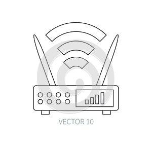 Flat line vector computer part icon wireless router. Cartoon style. Illustration and element for your design. Simple