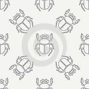 Flat line vector seamless pattern wildlife fauna bug, scarab. Simplified retro cartoon style. Insect. Beetle. Entomology