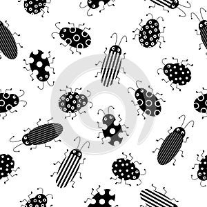 Flat line vector seamless pattern wildlife fauna bug, scarab. Simplified retro cartoon style. Insect. Beetle. Entomology