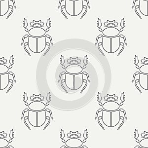 Flat line vector seamless pattern wildlife fauna bug, scarab. Simplified retro cartoon style. Insect. Beetle. Entomology