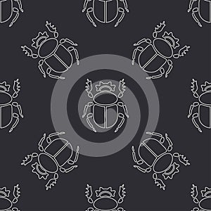 Flat line vector seamless pattern wildlife fauna bug, scarab. Simplified retro cartoon style. Insect. Beetle. Entomology