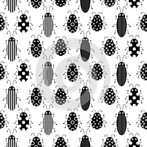 Flat line vector seamless pattern wildlife fauna bug, scarab. Simplified retro cartoon style. Insect. Beetle. Entomology. Nature