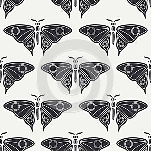 Flat line vector seamless pattern wildlife fauna, butterfly. Simplified retro cartoon style. Insect. Beetle. Entomology