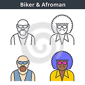 Flat and linear vector avatar set: biker and afroman.