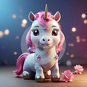 flat logo of Cute baby unicorn little animal 3d rendering cartoon character photo