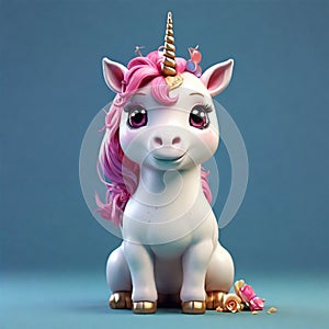 flat logo of Cute baby unicorn little animal 3d rendering cartoon character photo