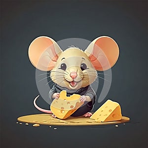 flat logo of Cute mouse eating cheese cartoon photo