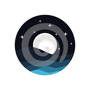 Flat Logo of Sea Waves under Moonlight