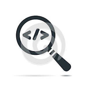 Flat magnifying glass with code symbol. Code corner search icon