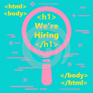 Flat magnifying glass with code symbol. design concept search ic