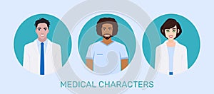 Flat male and female healthcare doctors vector illustration people cartoon avatar profile characters set. Hospital staff.