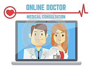 Flat male and female online doctor, internet computer health service