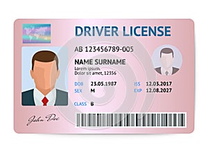 Flat man driver license plastic card template, id card vector illustration