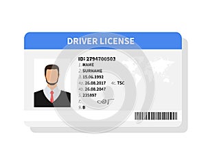 Flat man driver license plastic card template, identification card vector illustration.