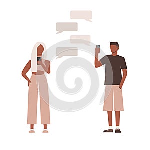 Flat man and women chat with each other. Illustration with speech bubbles. Vector.