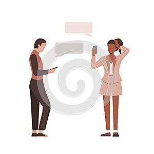 Flat man and women texting with each other. Illustration with speech bubbles. Vector.