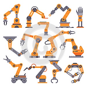 Flat manufacture robotic arm. Automatic robot arms, auto factory conveyor industrial equipment. Electronics robots hands