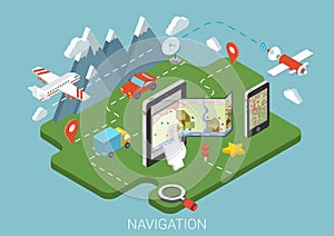 Flat map mobile GPS navigation infographic 3d isometric concept