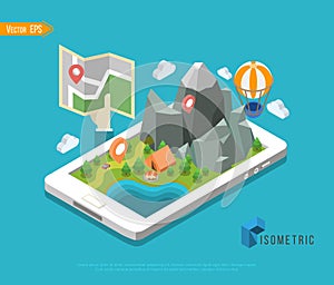 Flat map mobile GPS navigation infographic 3d isometric concept. Tablet, phone, digital map paper route pin markers.