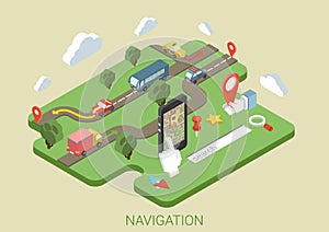 Flat map mobile phone GPS navigation 3d isometric concept