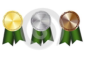 Flat medals green ribbons. Sport award. Premium quality. Championship trophy. Win prize. Vector illustration. EPS 10.