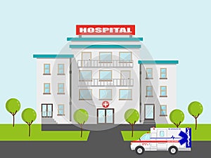 Flat medical ambulance and hospital vector emergeny clinic illustration