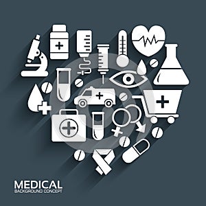 Flat medical equipment set in shape heart icons concept background. vector illustration design for web and mobile template