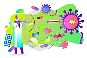 Flat medical illustration on the theme of the epidemic: the doctor aims a syringe at the virus. Medicine defeats disease and epide photo