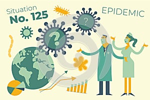 Flat medical illustration on the theme of the epidemic: a doctor and a nurse look at the virus attacking the Earth and helplessly