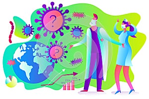 Flat medical illustration on the theme of the epidemic: a doctor and a nurse look at the virus attacking the Earth and helplessly photo