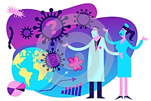 Medical illustration on the theme of the epidemic: a doctor and a nurse look at the virus attacking the Earth and helplessly photo