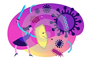 Flat medical illustration on the theme of the epidemic: a woman with a shield and a sword protects the body from a viral disease. photo