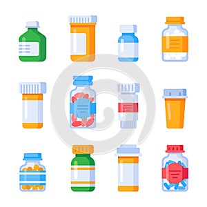 Flat medicine bottles. Vitamin bottle with prescription label, drug pills container or vitamins and minerals pill