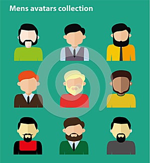 Flat mens avatar collection, set of people icons flat style