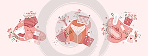 Flat menstrual design concept with feminine hygiene items and pads, panties, tampons, calendar, girl, on pink background
