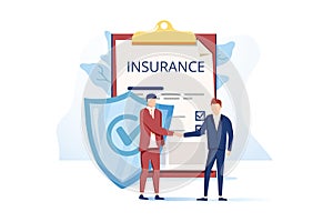 Flat Metaphor Poster Presenting Insurance Services. Cartoon Male Customer and Agent Shaking Hands over Huge Contract