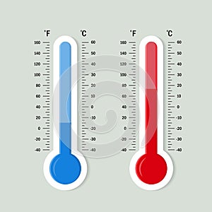 Flat meteorology thermometers scale. Hot, cold temperature icon. Accuracy meteorology fahrenheit and celsius scales. Measuring