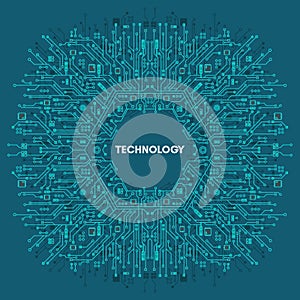 Flat Microelectronics Circuits technology with blue background. photo