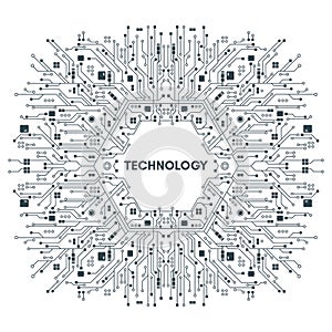 Flat Microelectronics Circuits technology with white background. photo
