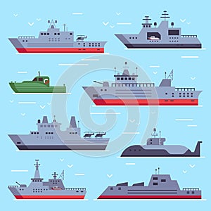 Flat military boats. Navy battle ships, sea combat security boat and battleship weapon. Naval warship vector collection